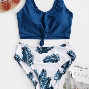 Two piece blue leaf print bikini
